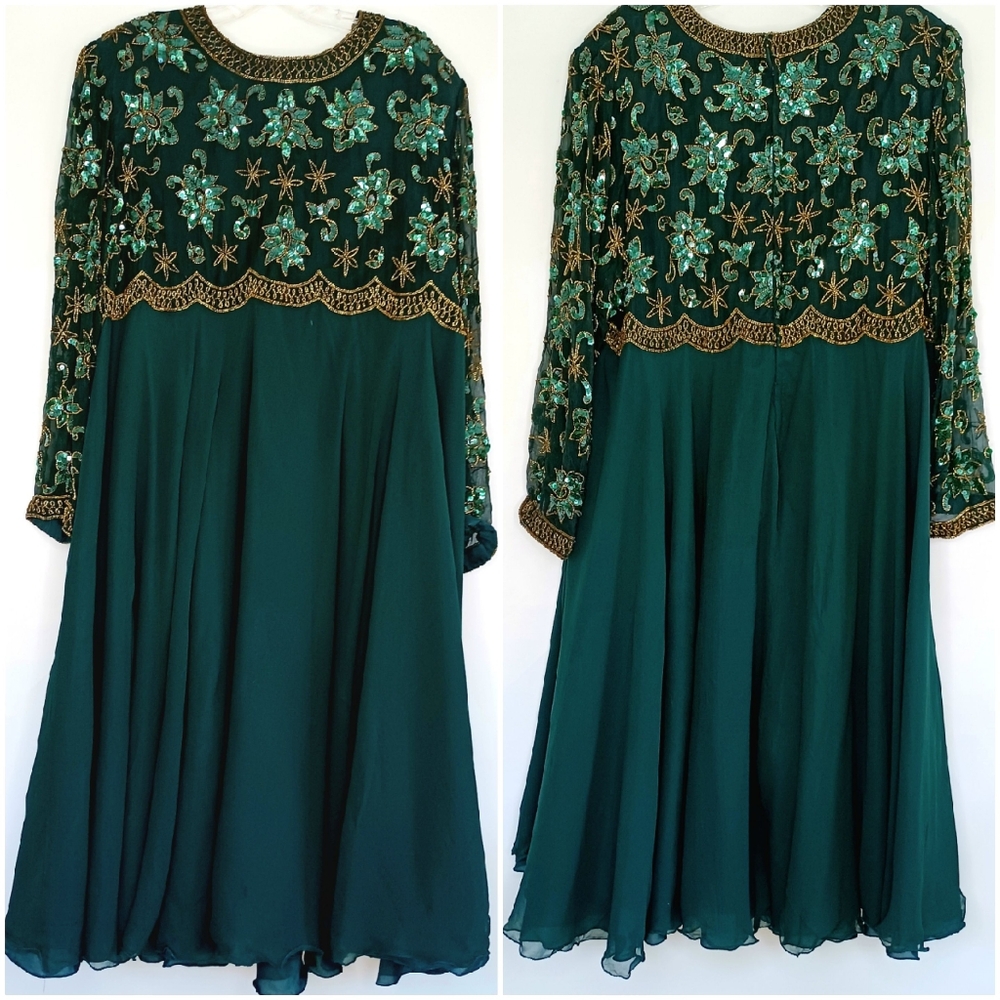 Stunning Sequined FORMAL deep green Dress 100% Silk Plus size 4x